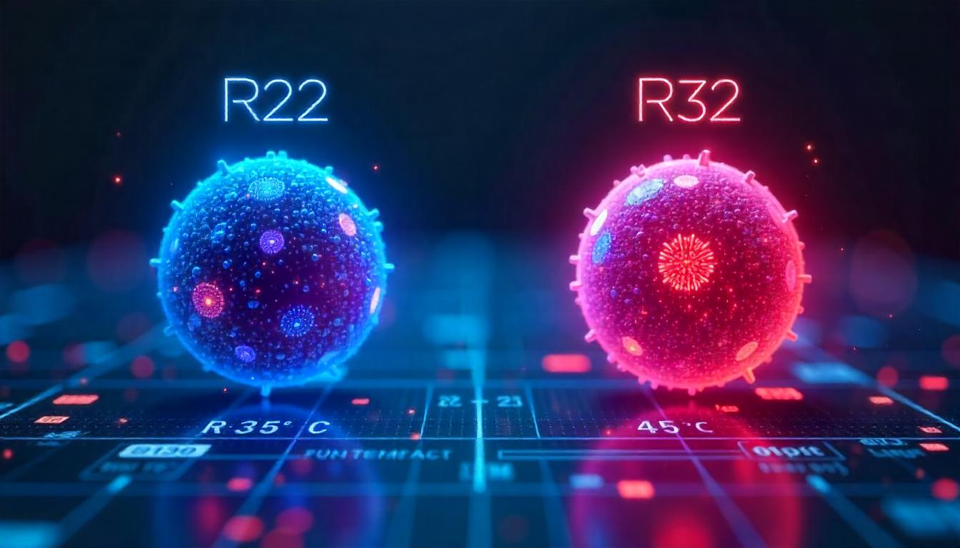 Animated infographic comparing R22 vs R32 gas molecules with Islamabad temperature data overlays, showing efficiency differences at 45°C.