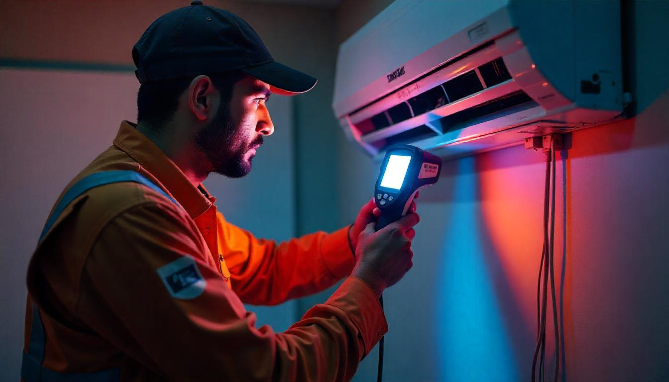 A professional AC technician in Khurram Traders uniform using a thermal camera to diagnose a Samsung AC unit in a modern Rawalpindi home, showing detailed close-ups of tools and wiring, photorealistic style with brand logos visible.