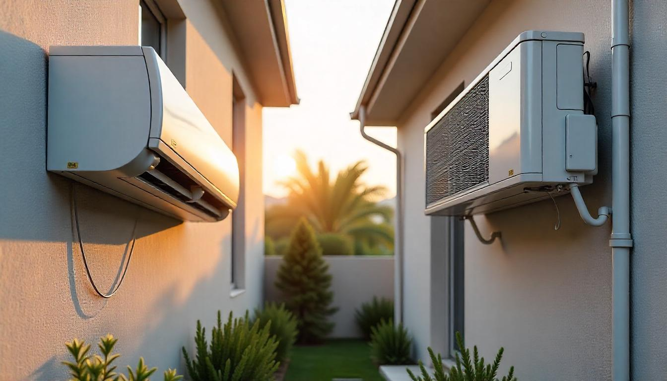 A split-screen image showing: Left side - Incorrect AC installation in Capital Smart City with drooping pipes and uneven bracket, Right side - Our professional installation with laser-leveled unit and UV-protected conduit, modern Pakistani home exterior, golden hour lighting, hyper-realistic detail with visible brand logos on equipment.