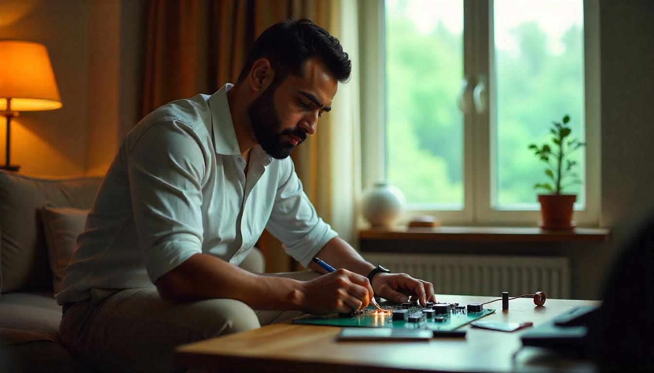 Technician applying nano-coating to PCB in Bahria Town home, with humidity gauge showing 85% RH and rain visible through window