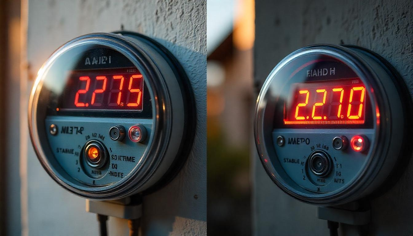 Split-image showing power meter readings from identical Haier units in DHA (left) and B-17 (right), with voltage graph overlays highlighting fluctuations
